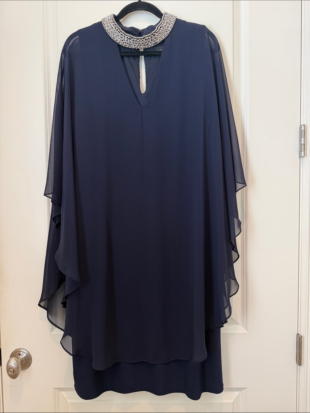 Xscape Navy Midi Dress with Beaded Jewel Collar and Chiffon Overlay Capelet 20W